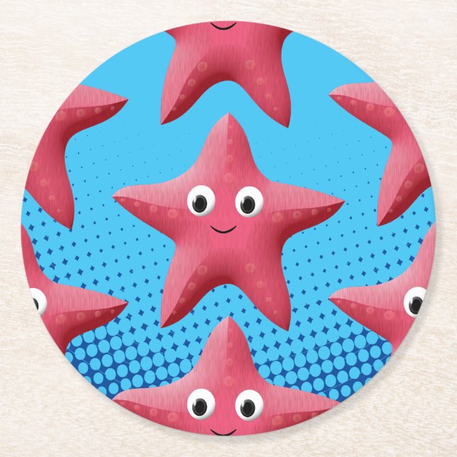 Niedlicher rosa Starfish Blauer Ozean Runder Pappuntersetzer (Vorderseite)