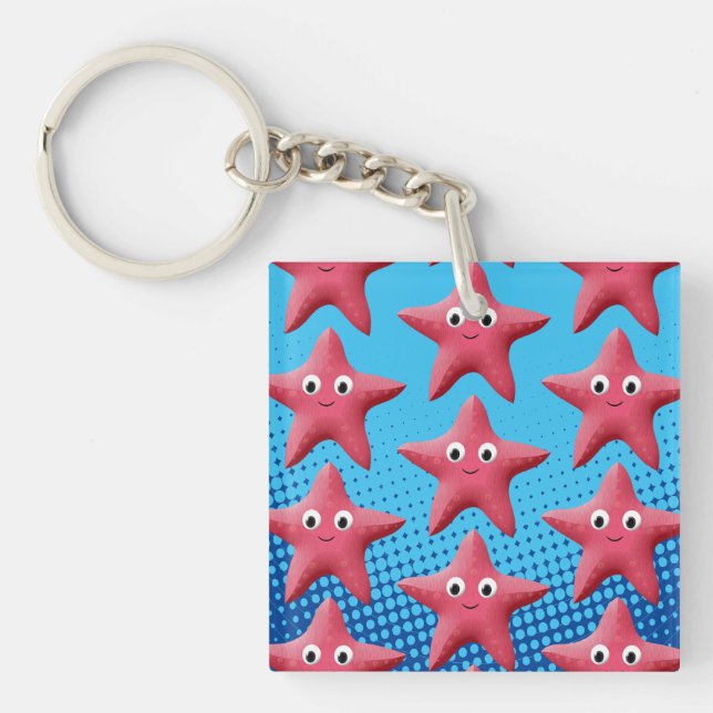 Niedlicher rosa Starfish Blauer Ozean Schlüsselanhänger (Vorderseite)