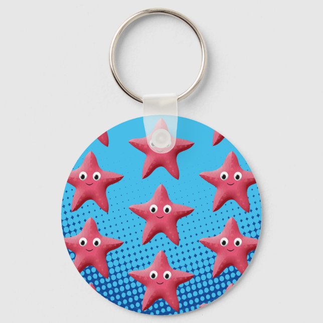 Niedlicher rosa Starfish Blauer Ozean Schlüsselanhänger (Vorderseite)