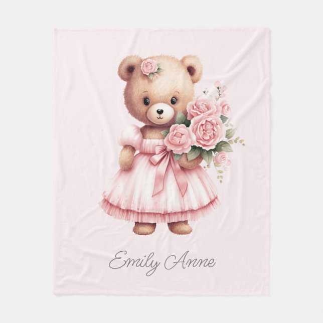 Niedlicher Rosa Teddybär Blume Kindername Fleecedecke (Vorderseite)
