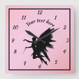 Niedlicher Rosa- und Schwarz-Silhouette Fairy Girl Quadratische Wanduhr