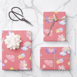 Niedlicher rosa, unicorone Regenbogenballon Muster Geschenkpapier Set