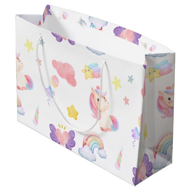 Niedlicher rosa, unicorone Regenbogenballon Muster Große Geschenktüte (Rückseite Schrägansicht)
