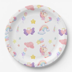Niedlicher rosa, unicorone Regenbogenballon Muster Pappteller