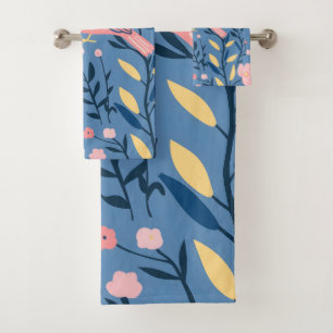 Niedlicher rosa Vogel auf blaugrauem Kissen Badhandtuch Set