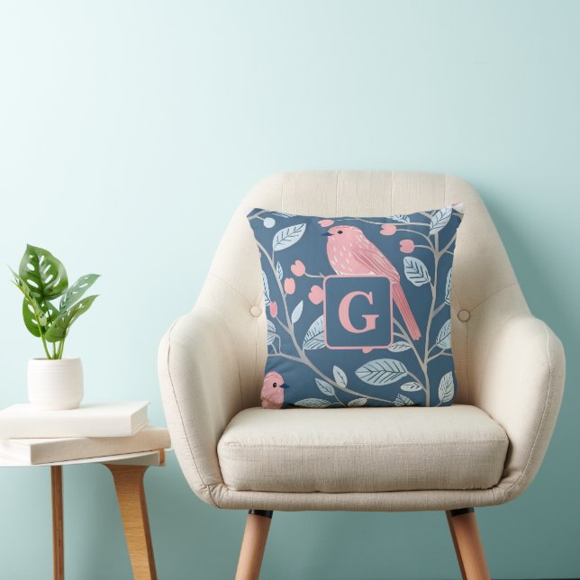 Niedlicher Rosa-Vogel, blau, personalisiert Kissen (Stuhl )