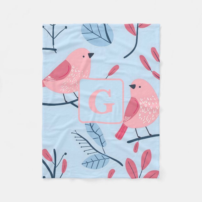 Niedlicher rosa Vogel für hellblaue personalisiert Fleecedecke (Vorderseite)