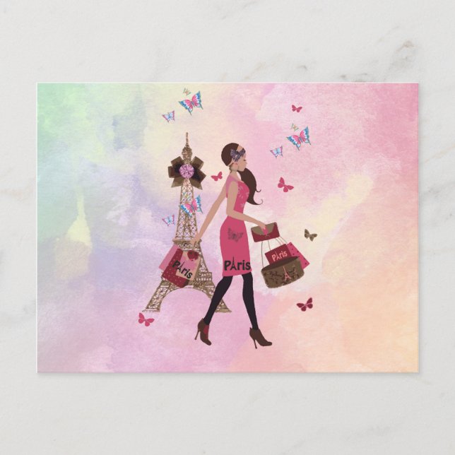 Niedlicher Rosa Wasserfarben Girl Paris Eiffelturm Postkarte (Vorderseite)