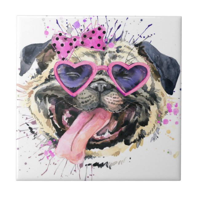 Niedlicher rosa Watercolor-Mops Fliese (Vorderseite)