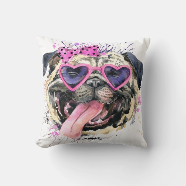Niedlicher rosa Watercolor-Mops Kissen (Vorderseite)