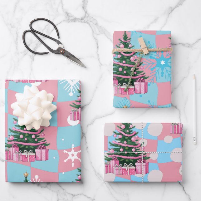 Niedlicher Rosa Weihnachtsbaum Geschenkpapier Set (Vorderseite)