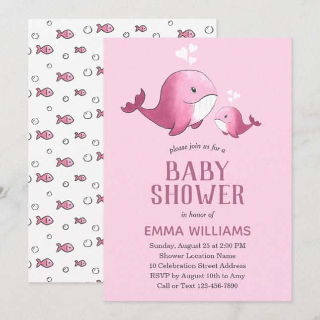 Niedlicher Rosa Whale | Girl Baby Dusche Einladung (Vorne/Hinten)
