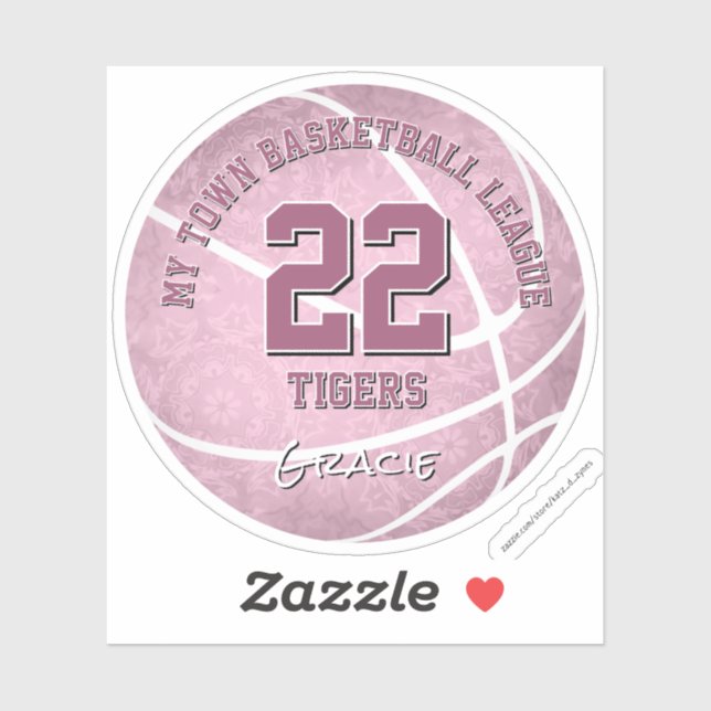 niedlicher rosafarbener Basketball mit Teamname Aufkleber (Blatt)