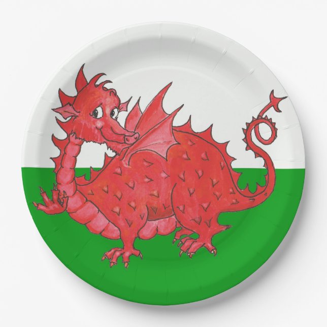 Niedlicher roter Drache auf grünes und Pappteller (Vorderseite)