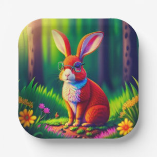 Niedlicher roter Hase sitzt auf Gras Pappteller