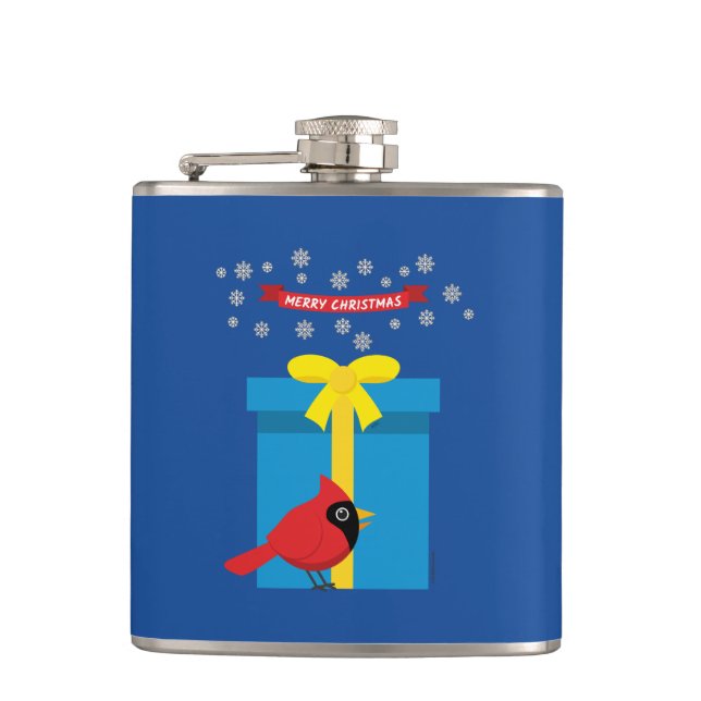 Niedlicher roter Kardinal mit blauem Geschenk Flachmann (Vorderseite)
