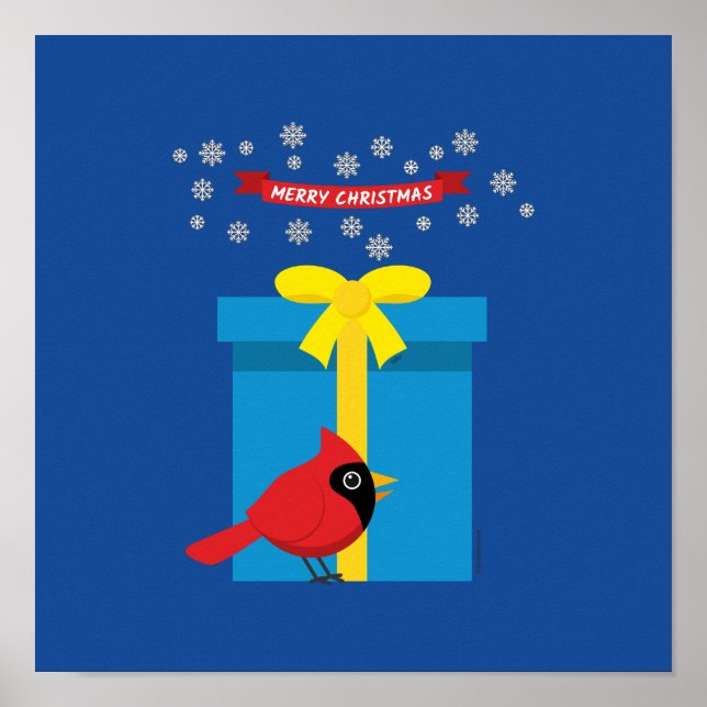 Niedlicher roter Kardinal mit blauem Geschenk Poster (Vorne)