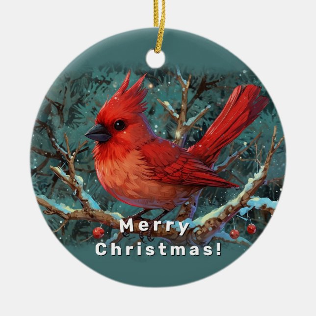 Niedlicher Roter Kardinal mit Winterroten Berries Keramik Ornament (Vorne)