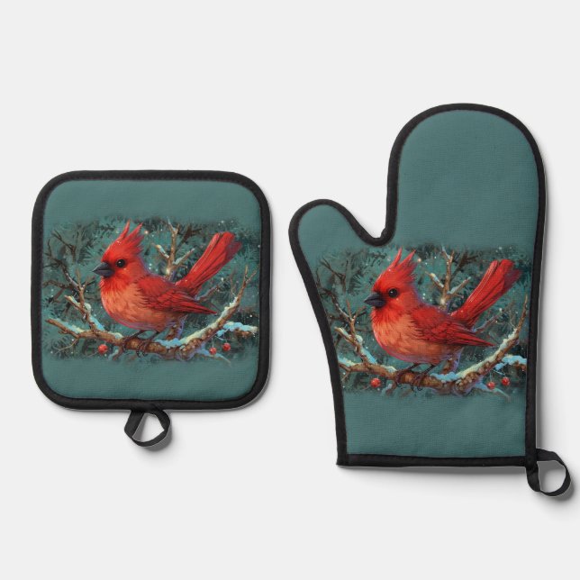 Niedlicher Roter Kardinal mit Winterroten Berries Ofenhandschuh & Topflappen-Set (Vorderseite)