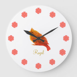 Niedlicher roter königlicher Vogel und Blumen Große Wanduhr