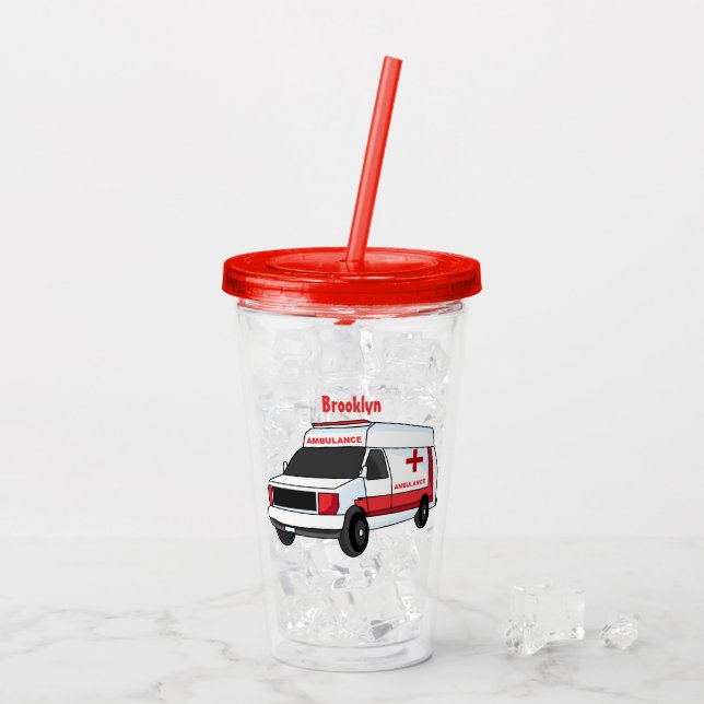 Niedlicher roter Krankenwagen Cartoon Acryltrinkbecher (Rückseite Ice)