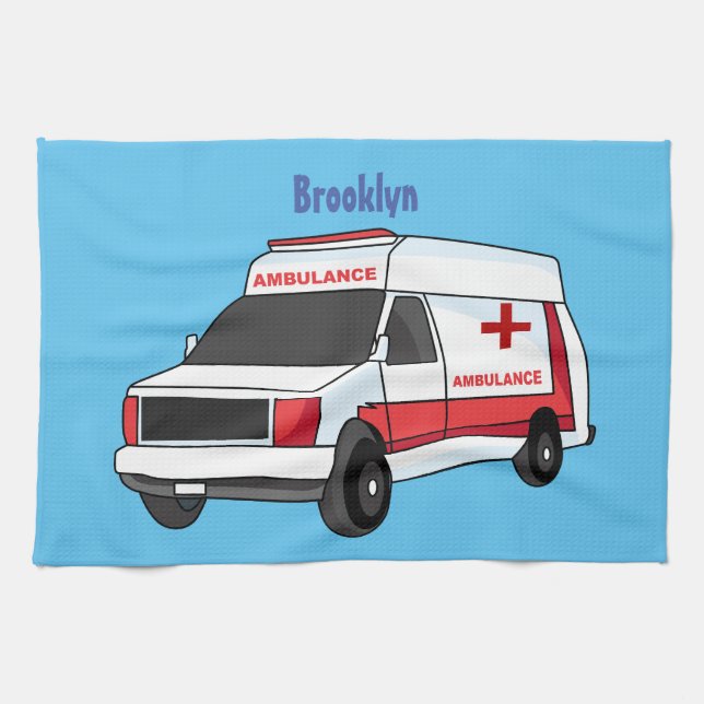Niedlicher roter Krankenwagen Cartoon Geschirrtuch (Horizontal)