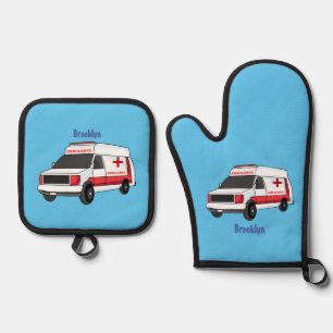 Niedlicher roter Krankenwagen Cartoon Ofenhandschuh & Topflappen-Set