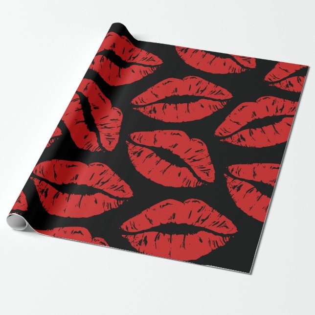 Niedlicher Roter Lipstick Kisses Kiss Lips Muster Geschenkpapier (Ungerollt)
