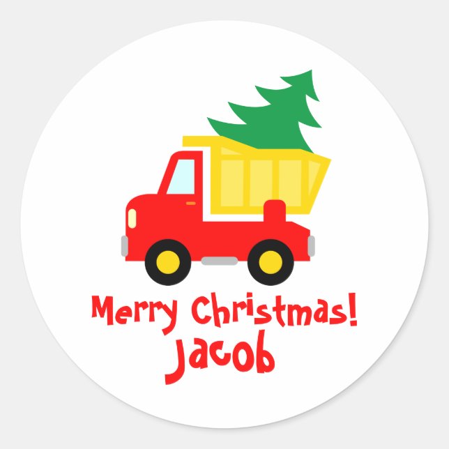 Niedlicher roter LKW mit Weihnachtsbaum Runder Aufkleber (Vorderseite)
