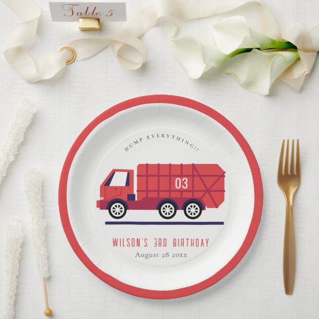 Niedlicher roter Müllwagen Kinder jeden Geburtstag Pappteller (Hochzeit)