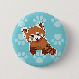 Niedlicher roter Panda auf blauer Tatze druckt Button