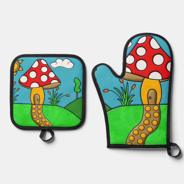 niedlicher roter Pilz Ofenhandschuh & Topflappen-Set (Vorderseite)