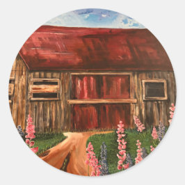 Niedlicher Roter Stall und Wildblumen Malerei Runder Aufkleber