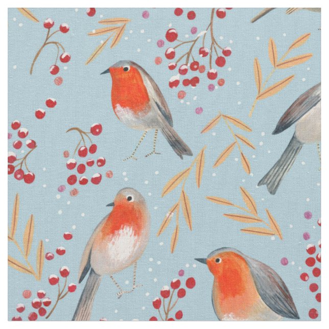 Niedlicher Roter Winter Weihnachtsvögel Robin Patt Stoff (Nahaufnahme)