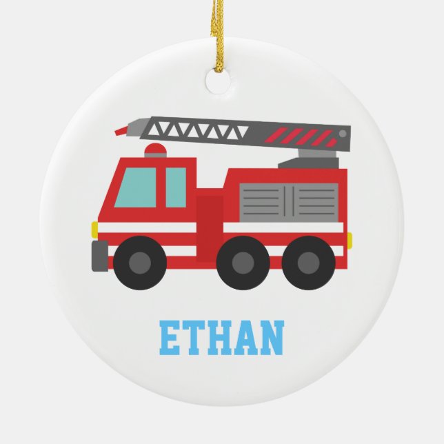 Niedlicher rotes Feuer-LKW für Jungen, Name Keramikornament (Hinten)