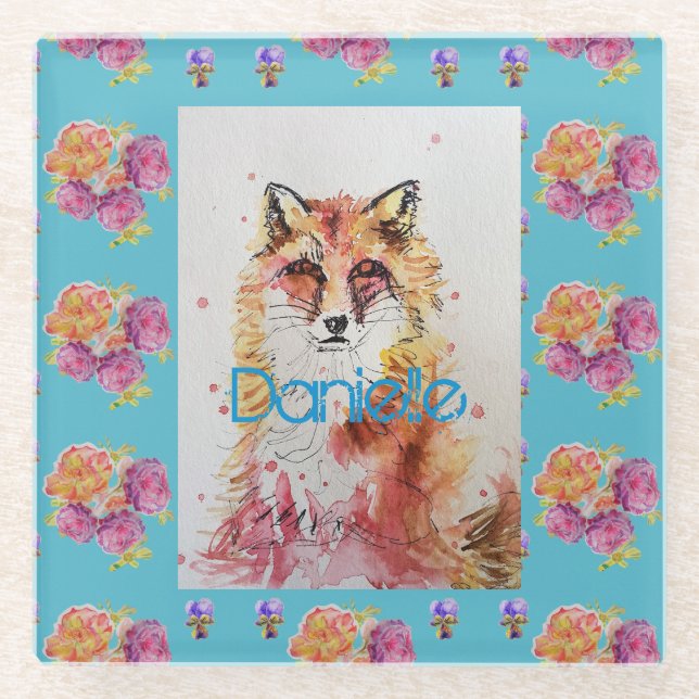 Niedlicher Rotfuchs Aquamarine Rose von Tieren Ros Glasuntersetzer (Vorderseite)