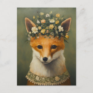 Niedlicher Rotfuchs in einer Blumenkrone und einer Postkarte