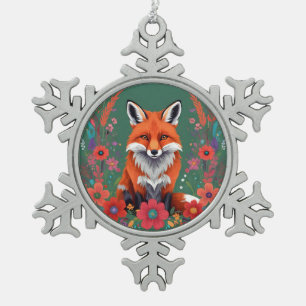 Niedlicher Rotfuchs und Blume Schneeflocken Zinn-Ornament