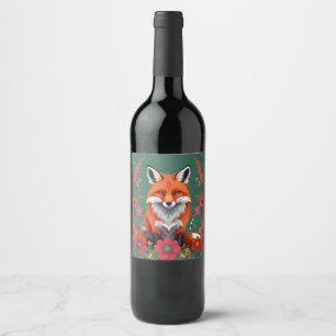 Niedlicher Rotfuchs und Blume Weinetikett