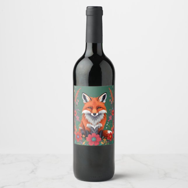 Niedlicher Rotfuchs und Blume Weinetikett (Vorderseite)