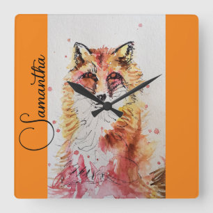 Niedlicher Rotfuchs-Wasserfarben-Malerei-Becher Or Quadratische Wanduhr