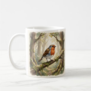 Niedlicher Rotkehlchenvogel im alten Wald Kaffeetasse