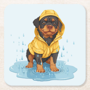 Niedlicher Rottweiler-Hund mit Regenmantel Rechteckiger Pappuntersetzer