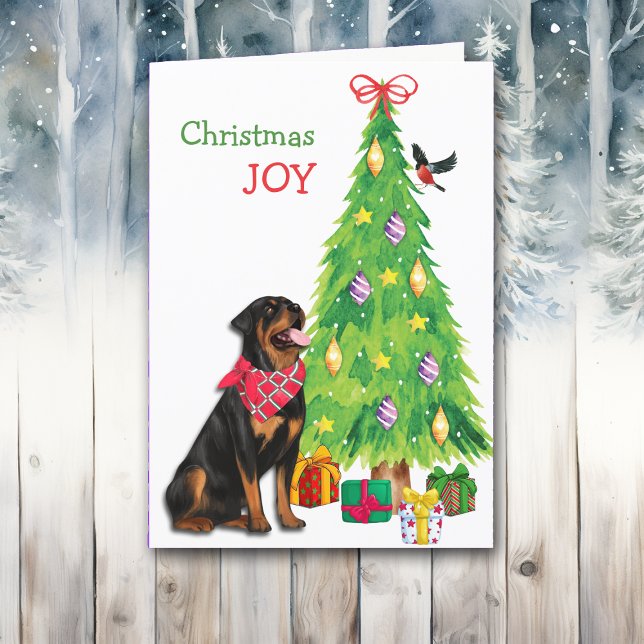 Niedlicher Rottweiler, Vogel und Weihnachtsbaum Feiertagskarte (Von Creator hochgeladen)
