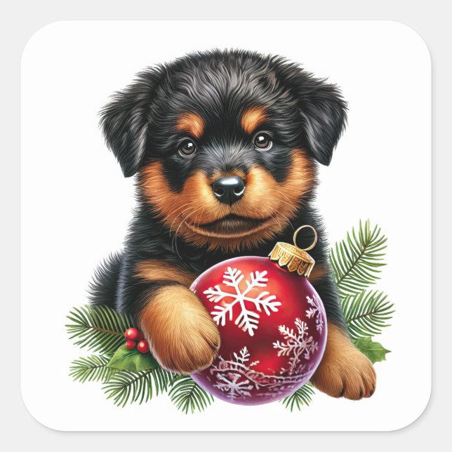 Niedlicher Rottweiler Welpe mit Weihnachtsgeschmac Quadratischer Aufkleber (Vorderseite)