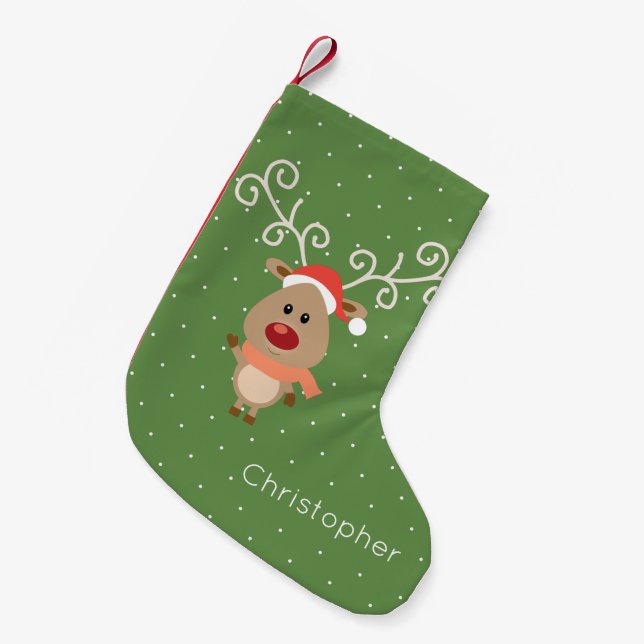 Niedlicher Rudolph der Cartoon der Rentiere mit ro Kleiner Weihnachtsstrumpf (Vorderansicht (hängend))