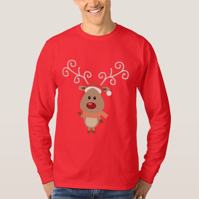 Niedlicher Rudolph der Cartoon der Rentiere mit ro T-Shirt (Vorderseite)