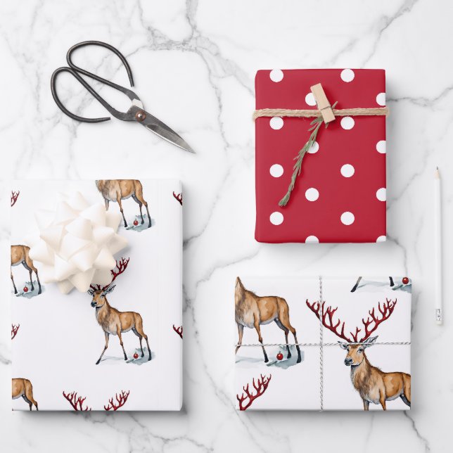 Niedlicher Rudolph The Rentier Christmas Watercolo Geschenkpapier Set (Vorderseite)