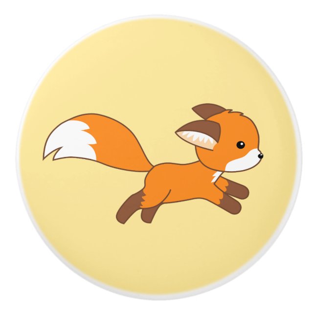 Niedlicher Running Fox auf Gelb Keramikknauf (Vorderseite)