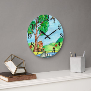 Niedlicher rustikaler Bär mit Blume Große Wanduhr